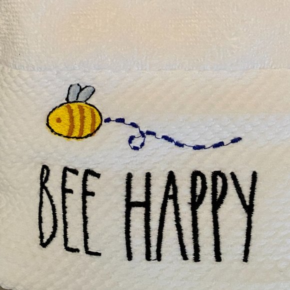 Rae Dunn Hand Towels Bee Happy Set of 2 by Magenta Bumble Bee White Terry Cloth - Picture 2 of 4